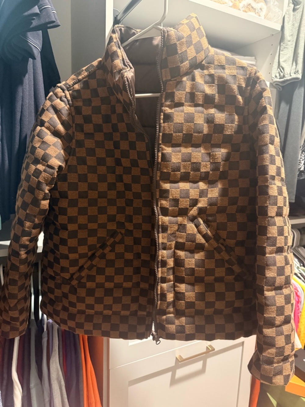 Women’s Brown Checkered Puffer Jacket